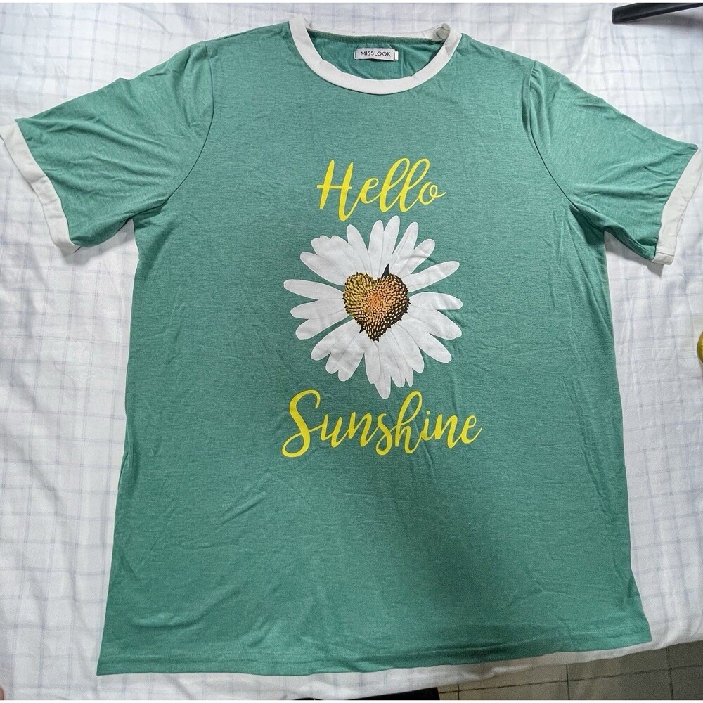 Misslook "Hello Sunshine" Daisy Graphic Ringer T-Shirt - Green - Size 2XL